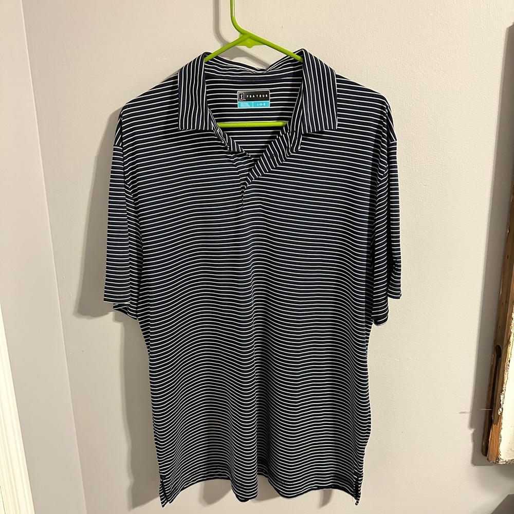 PGA Tour Dark Navy and White Striped Polo Shirt